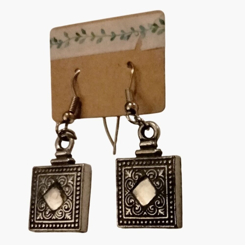 Square SilverTone Dangle Earrings Art Deco Design